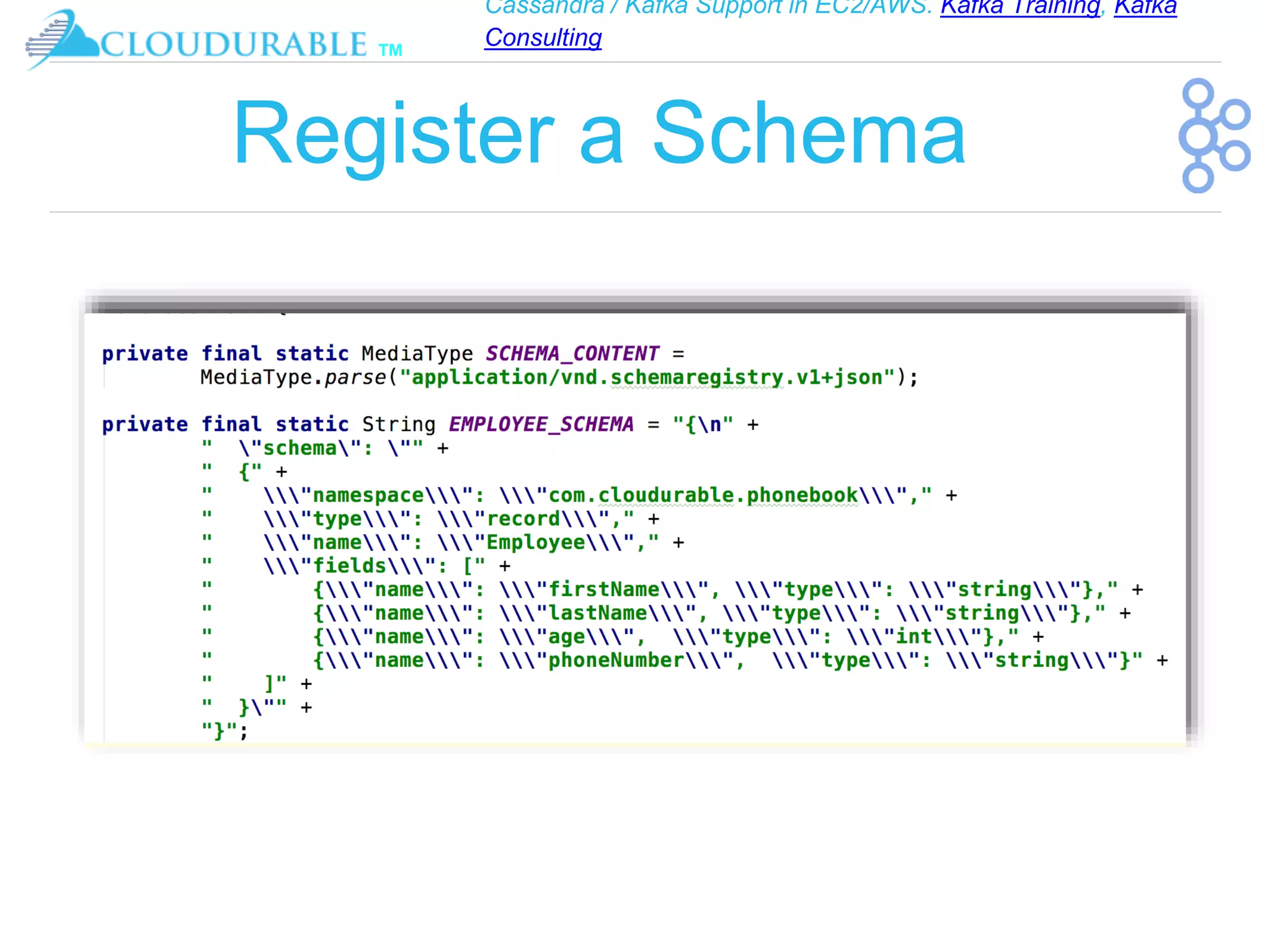 Cassandra / Kafka Support in EC2/AWS. Kafka Training, Kafka
Consulting
™
Register a Schema
 