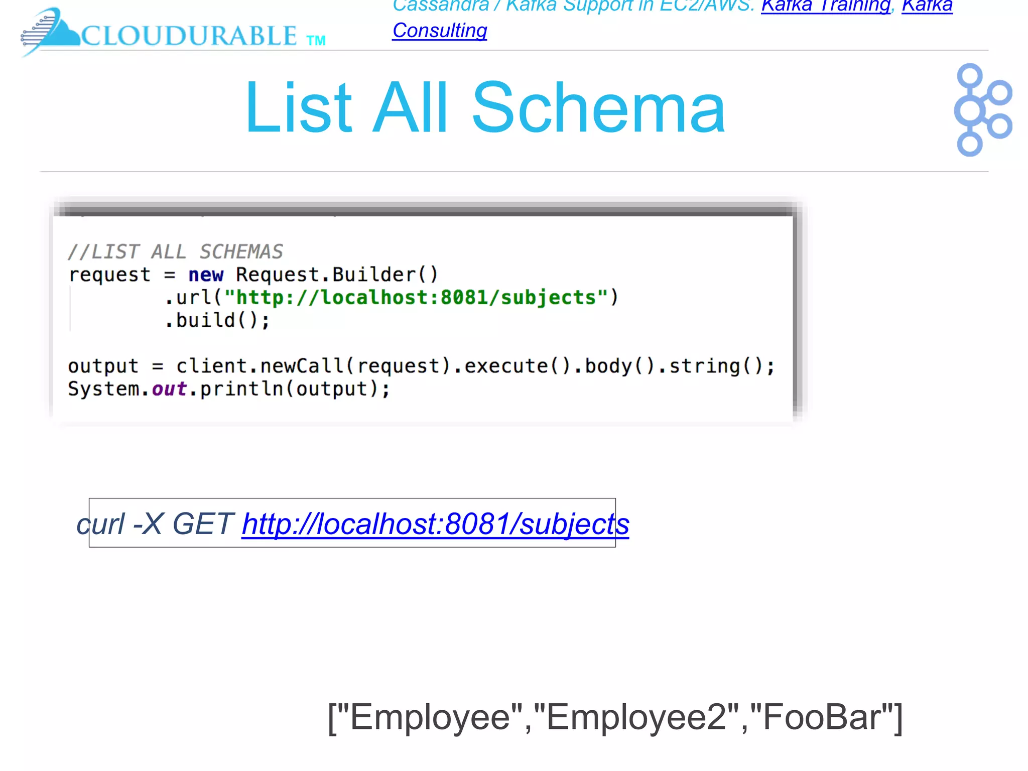 Cassandra / Kafka Support in EC2/AWS. Kafka Training, Kafka
Consulting
™
List All Schema
["Employee","Employee2","FooBar"]
curl -X GET http://localhost:8081/subjects
 
