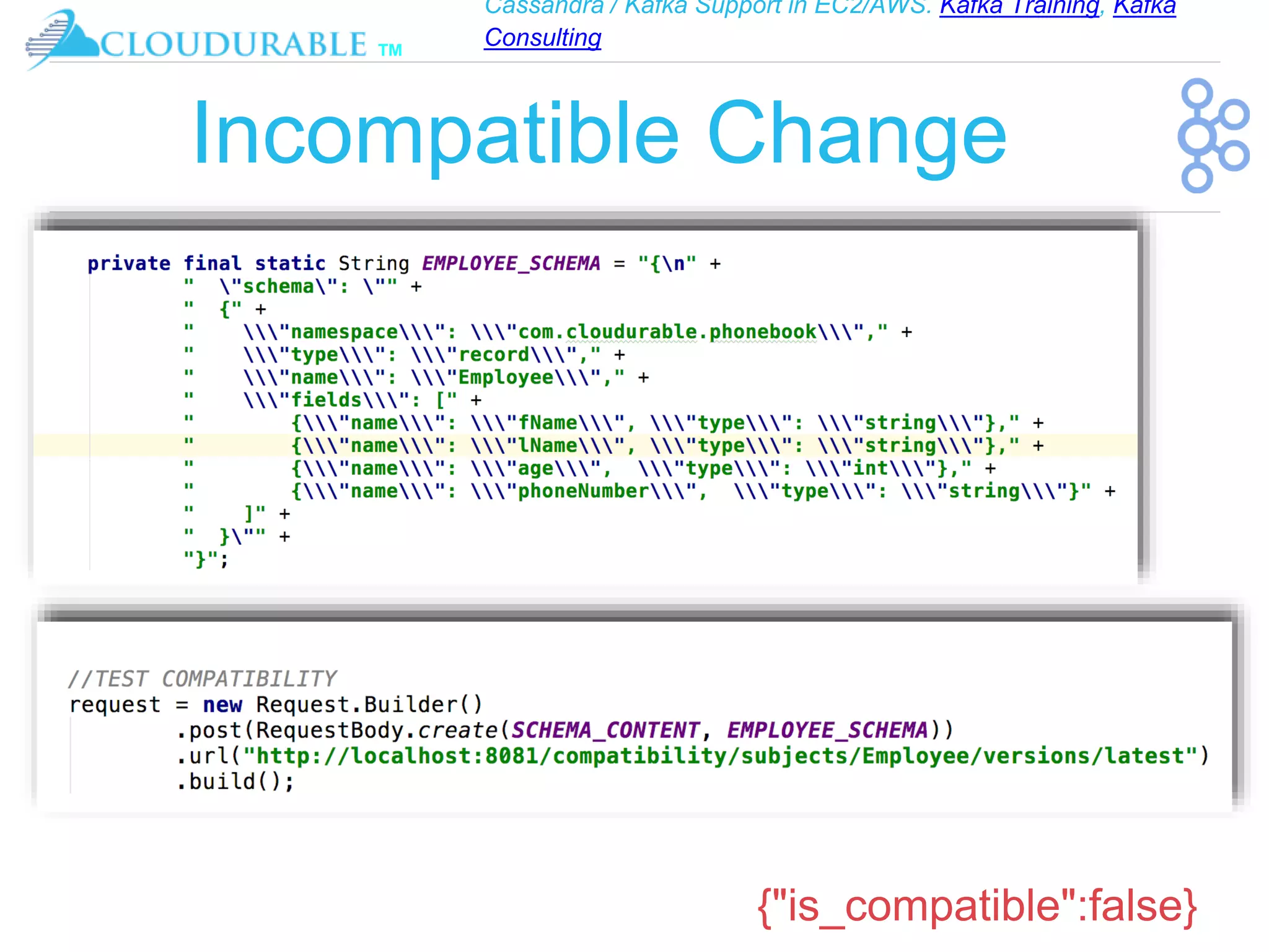 Cassandra / Kafka Support in EC2/AWS. Kafka Training, Kafka
Consulting
™
Incompatible Change
{"is_compatible":false}
 