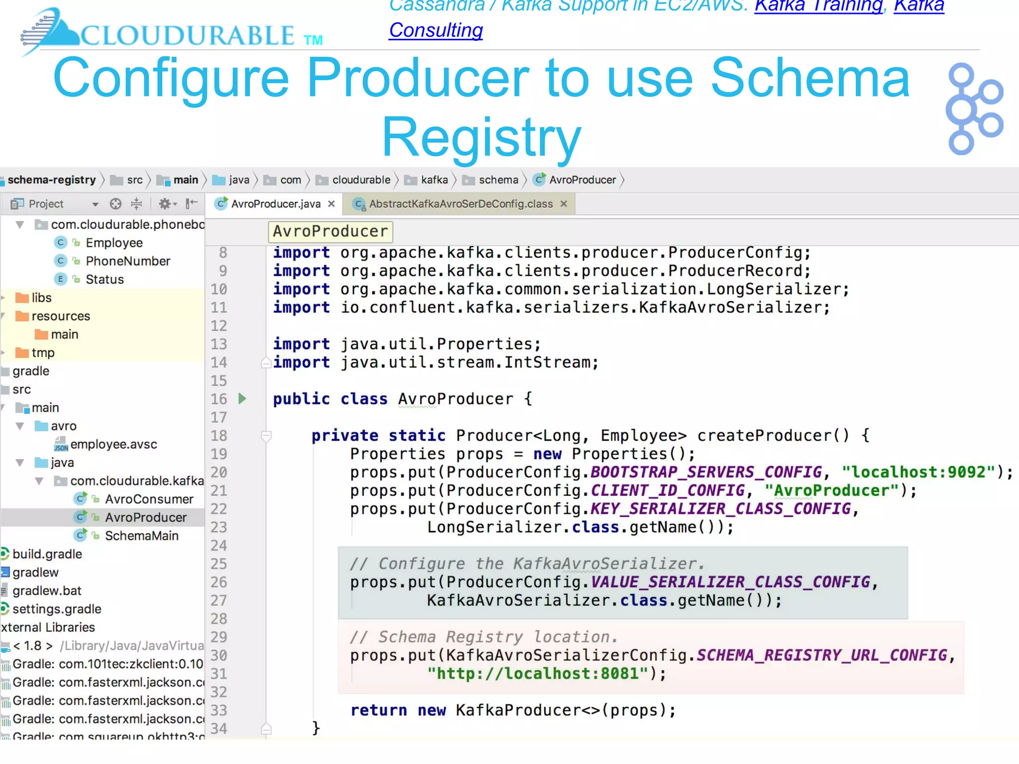 Cassandra / Kafka Support in EC2/AWS. Kafka Training, Kafka
Consulting
™
Configure Producer to use Schema
Registry
 