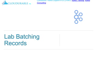 ™
Cassandra / Kafka Support in EC2/AWS. Kafka Training, Kafka
Consulting
Lab Batching
Records
 
