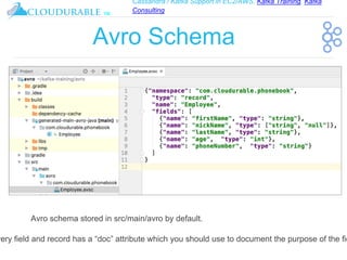 Cassandra / Kafka Support in EC2/AWS. Kafka Training, Kafka
Consulting
™
Avro Schema
Avro schema stored in src/main/avro by default.
very field and record has a “doc” attribute which you should use to document the purpose of the fie
 