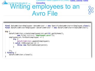 Cassandra / Kafka Support in EC2/AWS. Kafka Training, Kafka
Consulting
™
Writing employees to an
Avro File
 
