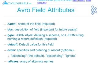 Cassandra / Kafka Support in EC2/AWS. Kafka Training, Kafka
Consulting
™
Avro Field Attributes
❖ name: name of the field (required)
❖ doc: description of field (important for future usage)
❖ type: JSON object defining a schema, or a JSON string
naming a record definition (required)
❖ default: Default value for this field
❖ order: specifies sort ordering of record (optional).
❖ "ascending" (the default), "descending", "ignore"
❖ aliases: array of alternate names
 