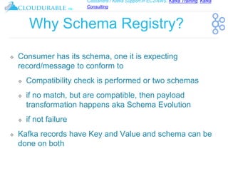 Cassandra / Kafka Support in EC2/AWS. Kafka Training, Kafka
Consulting
™
Why Schema Registry?
❖ Consumer has its schema, one it is expecting
record/message to conform to
❖ Compatibility check is performed or two schemas
❖ if no match, but are compatible, then payload
transformation happens aka Schema Evolution
❖ if not failure
❖ Kafka records have Key and Value and schema can be
done on both
 