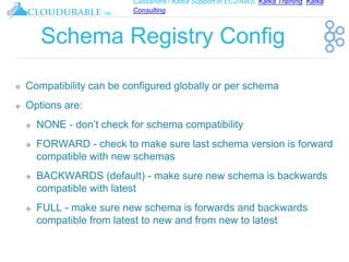Cassandra / Kafka Support in EC2/AWS. Kafka Training, Kafka
Consulting
™
Schema Registry Config
❖ Compatibility can be configured globally or per schema
❖ Options are:
❖ NONE - don’t check for schema compatibility
❖ FORWARD - check to make sure last schema version is forward
compatible with new schemas
❖ BACKWARDS (default) - make sure new schema is backwards
compatible with latest
❖ FULL - make sure new schema is forwards and backwards
compatible from latest to new and from new to latest
 