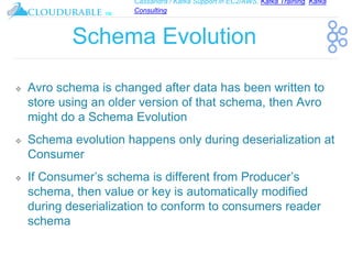 Cassandra / Kafka Support in EC2/AWS. Kafka Training, Kafka
Consulting
™
Schema Evolution
❖ Avro schema is changed after data has been written to
store using an older version of that schema, then Avro
might do a Schema Evolution
❖ Schema evolution happens only during deserialization at
Consumer
❖ If Consumer’s schema is different from Producer’s
schema, then value or key is automatically modified
during deserialization to conform to consumers reader
schema
 