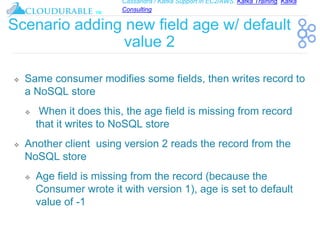 Cassandra / Kafka Support in EC2/AWS. Kafka Training, Kafka
Consulting
™
Scenario adding new field age w/ default
value 2
❖ Same consumer modifies some fields, then writes record to
a NoSQL store
❖ When it does this, the age field is missing from record
that it writes to NoSQL store
❖ Another client using version 2 reads the record from the
NoSQL store
❖ Age field is missing from the record (because the
Consumer wrote it with version 1), age is set to default
value of -1
 