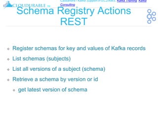 Cassandra / Kafka Support in EC2/AWS. Kafka Training, Kafka
Consulting
™
Schema Registry Actions
REST
❖ Register schemas for key and values of Kafka records
❖ List schemas (subjects)
❖ List all versions of a subject (schema)
❖ Retrieve a schema by version or id
❖ get latest version of schema
 