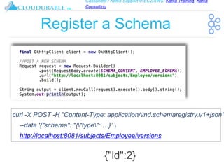 Cassandra / Kafka Support in EC2/AWS. Kafka Training, Kafka
Consulting
™
Register a Schema
{"id":2}
curl -X POST -H "Content-Type: application/vnd.schemaregistry.v1+json"
--data '{"schema": "{"type": …}’ 
http://localhost:8081/subjects/Employee/versions
 