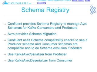 Cassandra / Kafka Support in EC2/AWS. Kafka Training, Kafka
Consulting
™
Schema Registry
❖ Confluent provides Schema Registry to manage Avro
Schemas for Kafka Consumers and Producers
❖ Avro provides Schema Migration
❖ Confluent uses Schema compatibility checks to see if
Producer schema and Consumer schemas are
compatible and to do Schema evolution if needed
❖ Use KafkaAvroSerializer from Producer
❖ Use KafkaAvroDeserializer from Consumer
 