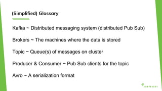 (Simplified) Glossary
Kafka ~ Distributed messaging system (distributed Pub Sub)
Brokers ~ The machines where the data is stored
Topic ~ Queue(s) of messages on cluster
Producer & Consumer ~ Pub Sub clients for the topic
Avro ~ A serialization format
 
