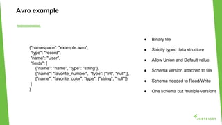 Avro example
{"namespace": "example.avro",
"type": "record",
"name": "User",
"fields": [
{"name": "name", "type": "string"},
{"name": "favorite_number", "type": ["int", "null"]},
{"name": "favorite_color", "type": ["string", "null"]}
]
}
● Binary file
● Strictly typed data structure
● Allow Union and Default value
● Schema version attached to file
● Schema needed to Read/Write
● One schema but multiple versions
 