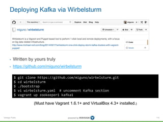Verisign Public
Deploying Kafka via Wirbelsturm
• Written by yours truly
• https://github.com/miguno/wirbelsturm
115
$ git clone https://github.com/miguno/wirbelsturm.git
$ cd wirbelsturm
$ ./bootstrap
$ vi wirbelsturm.yaml # uncomment Kafka section
$ vagrant up zookeeper1 kafka1
(Must have Vagrant 1.6.1+ and VirtualBox 4.3+ installed.)
 