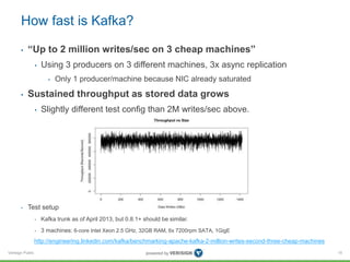 Verisign Public
How fast is Kafka?
• “Up to 2 million writes/sec on 3 cheap machines”
• Using 3 producers on 3 different machines, 3x async replication
• Only 1 producer/machine because NIC already saturated
• Sustained throughput as stored data grows
• Slightly different test config than 2M writes/sec above.
• Test setup
• Kafka trunk as of April 2013, but 0.8.1+ should be similar.
• 3 machines: 6-core Intel Xeon 2.5 GHz, 32GB RAM, 6x 7200rpm SATA, 1GigE
15
http://engineering.linkedin.com/kafka/benchmarking-apache-kafka-2-million-writes-second-three-cheap-machines
 