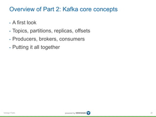 Verisign Public
Overview of Part 2: Kafka core concepts
• A first look
• Topics, partitions, replicas, offsets
• Producers, brokers, consumers
• Putting it all together
20
 