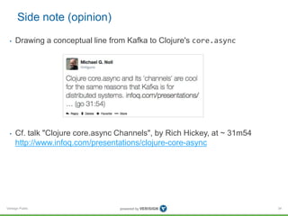 Verisign Public
Side note (opinion)
• Drawing a conceptual line from Kafka to Clojure's core.async
• Cf. talk "Clojure core.async Channels", by Rich Hickey, at ~ 31m54
http://www.infoq.com/presentations/clojure-core-async
34
 