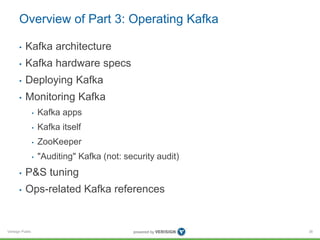 Verisign Public
Overview of Part 3: Operating Kafka
• Kafka architecture
• Kafka hardware specs
• Deploying Kafka
• Monitoring Kafka
• Kafka apps
• Kafka itself
• ZooKeeper
• "Auditing" Kafka (not: security audit)
• P&S tuning
• Ops-related Kafka references
36
 