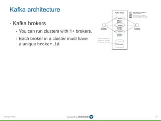 Verisign Public
Kafka architecture
• Kafka brokers
• You can run clusters with 1+ brokers.
• Each broker in a cluster must have
a unique broker.id.
37
 