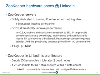 Verisign Public
ZooKeeper hardware specs @ LinkedIn
• ZooKeeper servers
• Solely dedicated to running ZooKeeper, run nothing else.
• 1 ZooKeeper instance per machine
• SSD’s dramatically improve performance
• In v0.8.x, brokers and consumers must talk to ZK. In large-scale
environments (many consumers, many topics and partitions) this
means ZK can become a bottleneck because it processes requests
serially. And this processing depends primarily on I/O performance.
• 1 GigE (?) NICs
• ZooKeeper in LinkedIn’s architecture
• 5-node ZK ensembles = tolerates 2 dead nodes
• 1 ZK ensemble for all Kafka clusters within a data center
• LinkedIn runs multiple data centers, with multiple Kafka clusters
40
 