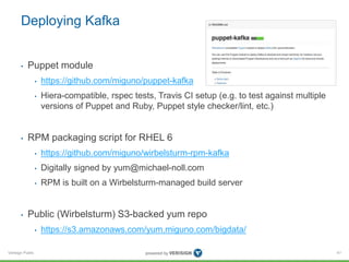 Verisign Public
Deploying Kafka
• Puppet module
• https://github.com/miguno/puppet-kafka
• Hiera-compatible, rspec tests, Travis CI setup (e.g. to test against multiple
versions of Puppet and Ruby, Puppet style checker/lint, etc.)
• RPM packaging script for RHEL 6
• https://github.com/miguno/wirbelsturm-rpm-kafka
• Digitally signed by yum@michael-noll.com
• RPM is built on a Wirbelsturm-managed build server
• Public (Wirbelsturm) S3-backed yum repo
• https://s3.amazonaws.com/yum.miguno.com/bigdata/
41
 