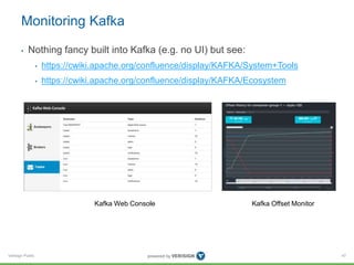 Verisign Public
Monitoring Kafka
• Nothing fancy built into Kafka (e.g. no UI) but see:
• https://cwiki.apache.org/confluence/display/KAFKA/System+Tools
• https://cwiki.apache.org/confluence/display/KAFKA/Ecosystem
47
Kafka Offset MonitorKafka Web Console
 