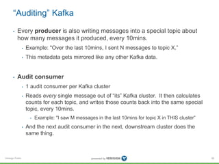 Verisign Public
“Auditing” Kafka
• Every producer is also writing messages into a special topic about
how many messages it produced, every 10mins.
• Example: "Over the last 10mins, I sent N messages to topic X.”
• This metadata gets mirrored like any other Kafka data.
• Audit consumer
• 1 audit consumer per Kafka cluster
• Reads every single message out of “its” Kafka cluster. It then calculates
counts for each topic, and writes those counts back into the same special
topic, every 10mins.
• Example: "I saw M messages in the last 10mins for topic X in THIS cluster”
• And the next audit consumer in the next, downstream cluster does the
same thing.
58
 
