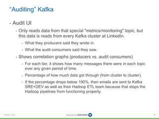 Verisign Public
“Auditing” Kafka
• Audit UI
• Only reads data from that special "metrics/monitoring" topic, but
this data is reads from every Kafka cluster at LinkedIn.
• What they producers said they wrote in.
• What the audit consumers said they saw.
• Shows correlation graphs (producers vs. audit consumers)
• For each tier, it shows how many messages there were in each topic
over any given period of time.
• Percentage of how much data got through (from cluster to cluster).
• If the percentage drops below 100%, then emails are sent to Kafka
SRE+DEV as well as their Hadoop ETL team because that stops the
Hadoop pipelines from functioning properly.
60
 