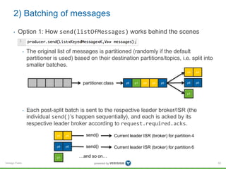 Verisign Public
2) Batching of messages
• Option 1: How send(listOfMessages) works behind the scenes
• The original list of messages is partitioned (randomly if the default
partitioner is used) based on their destination partitions/topics, i.e. split into
smaller batches.
• Each post-split batch is sent to the respective leader broker/ISR (the
individual send()’s happen sequentially), and each is acked by its
respective leader broker according to request.required.acks.
83
partitioner.class p6 p1 p4 p4 p6
p4 p4
p6 p6
p1
p4 p4
p6 p6
p1
Current leader ISR (broker) for partition 4send()
Current leader ISR (broker) for partition 6send()
…and so on…
 