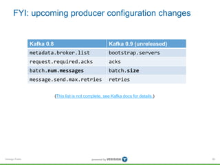 Verisign Public
FYI: upcoming producer configuration changes
85
Kafka 0.8 Kafka 0.9 (unreleased)
metadata.broker.list bootstrap.servers
request.required.acks acks
batch.num.messages batch.size
message.send.max.retries retries
(This list is not complete, see Kafka docs for details.)
 