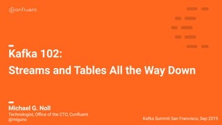 1
Kafka 102:
Streams and Tables All the Way Down
Kafka Summit San Francisco, Sep 2019
Michael G. Noll
Technologist, Oﬃce of the CTO, Conﬂuent
@miguno
 