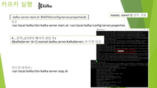 카프카 실행
또는
/usr/local/kafka/bin/kafka-server-start.sh /usr/local/kafka/config/server.properties
카프카 정지시 :
/usr/local/kafka/bin/kafka-server-stop.sh
master, slave1/2 모두 구동
kafka-server-start.sh $KAFKA/config/server.properties&
#...중략…(다량의 메시지 팝업 후)
#[kafkaServer id=1] started (kafka.server.KafkaServer) 가 뜨면 성공
 