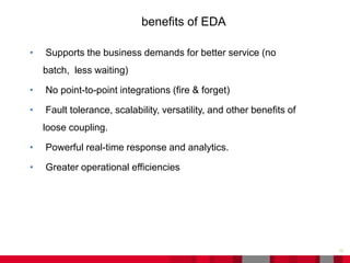 • Supports the business demands for better service (no
batch, less waiting)
• No point-to-point integrations (fire & forget)
• Fault tolerance, scalability, versatility, and other benefits of
loose coupling.
• Powerful real-time response and analytics.
• Greater operational efficiencies
13
benefits of EDA
 