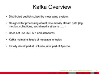32Document Title - Name - Function - Business Unit DD/MM/YYYY
Kafka Overview
• Distributed publish-subscribe messaging system.
• Designed for processing of real time activity stream data (log,
metrics, collections, social media streams,…..)
• Does not use JMS API and standards
• Kafka maintains feeds of message in topics
• Initially developed at Linkedin, now part of Apache.
 