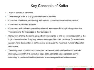• Topic is divided in partitions.
• The message order is only guarantee inside a partition
• Consumer offsets are persisted by Kafka with a commit/auto-commit mechanism.
• Consumers subscribes to topics
• Consumers with different group-id receives all messages of the topics they subscribe.
They consume the messages at their own speed.
• Consumers sharing the same group-id will be assigned to one (or several) partition of the
topics they subscribe. They only receive messages from their partitions. So a constraint
appears here: the number of partitions in a topic gives the maximum number of parallel
consumers.
• The assignment of partitions to consumer can be automatic and performed by Kafka
(through Zookeeper). If a consumer stops polling or is too slow, a process call “re-
balancing” is performed and the partitions are re-assigned to other consumers.
38Document Title - Name - Function - Business Unit DD/MM/YYYY
Key Concepts of Kafka
 