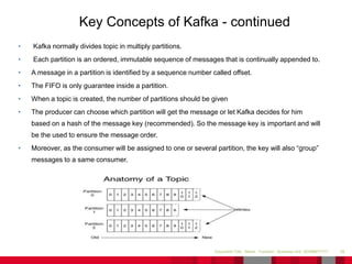 • Kafka normally divides topic in multiply partitions.
• Each partition is an ordered, immutable sequence of messages that is continually appended to.
• A message in a partition is identified by a sequence number called offset.
• The FIFO is only guarantee inside a partition.
• When a topic is created, the number of partitions should be given
• The producer can choose which partition will get the message or let Kafka decides for him
based on a hash of the message key (recommended). So the message key is important and will
be the used to ensure the message order.
• Moreover, as the consumer will be assigned to one or several partition, the key will also “group”
messages to a same consumer.
39Document Title - Name - Function - Business Unit DD/MM/YYYY
Key Concepts of Kafka - continued
 