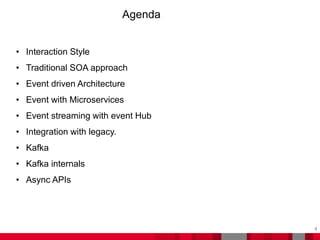 Agenda
4
• Interaction Style
• Traditional SOA approach
• Event driven Architecture
• Event with Microservices
• Event streaming with event Hub
• Integration with legacy.
• Kafka
• Kafka internals
• Async APIs
 