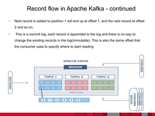 • Next record is added to partition 1 will and up at offset 1, and the next record at offset
2 and so on.
• This is a commit log, each record is appended to the log and there is no way to
change the existing records in the log(immutable). This is also the same offset that
the consumer uses to specify where to start reading.
42Document Title - Name - Function - Business Unit DD/MM/YYYY
Record flow in Apache Kafka - continued
 
