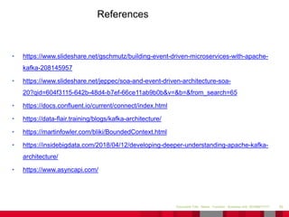 • https://www.slideshare.net/gschmutz/building-event-driven-microservices-with-apache-
kafka-208145957
• https://www.slideshare.net/jeppec/soa-and-event-driven-architecture-soa-
20?qid=604f3115-642b-48d4-b7ef-66ce11ab9b0b&v=&b=&from_search=65
• https://docs.confluent.io/current/connect/index.html
• https://data-flair.training/blogs/kafka-architecture/
• https://martinfowler.com/bliki/BoundedContext.html
• https://insidebigdata.com/2018/04/12/developing-deeper-understanding-apache-kafka-
architecture/
• https://www.asyncapi.com/
59Document Title - Name - Function - Business Unit DD/MM/YYYY
References
 