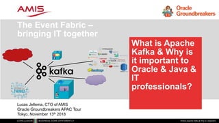 What is Apache
Kafka & Why is
it important to
Oracle & Java &
IT
professionals?
The Event Fabric –
bringing IT together
What is Apache Kafka & Why is it important
µ
µ
Lucas Jellema, CTO of AMIS
Oracle Groundbreakers APAC Tour
Tokyo, November 13th 2018
 