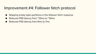 Improvement #4: Follower fetch protocol
● Skipping empty topic-partitions in the follower fetch response
● Reduced P99 latency from ~35ms to ~30ms
● Reduced P50 latency from 8ms to 7ms
 