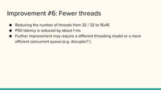 Improvement #6: Fewer threads
● Reducing the number of threads from 32 / 32 to 16x16
● P50 latency is reduced by about 1 ms
● Further improvement may require a different threading model or a more
efficient concurrent queue (e.g. disruptor? )
 