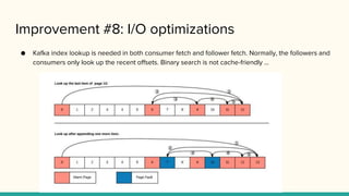 Improvement #8: I/O optimizations
● Kafka index lookup is needed in both consumer fetch and follower fetch. Normally, the followers and
consumers only look up the recent offsets. Binary search is not cache-friendly ...
 