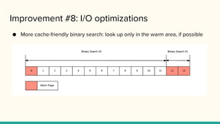 Improvement #8: I/O optimizations
● More cache-friendly binary search: look up only in the warm area, if possible
 