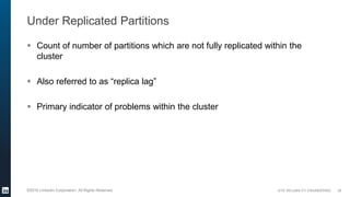 SITE RELIABILITY ENGINEERING©2016 LinkedIn Corporation. All Rights Reserved.
Under Replicated Partitions
 Count of number of partitions which are not fully replicated within the
cluster
 Also referred to as “replica lag”
 Primary indicator of problems within the cluster
28
 