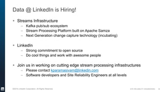 SITE RELIABILITY ENGINEERING©2016 LinkedIn Corporation. All Rights Reserved.
Data @ LinkedIn is Hiring!
 Streams Infrastructure
– Kafka pub/sub ecosystem
– Stream Processing Platform built on Apache Samza
– Next Generation change capture technology (incubating)
 LinkedIn
– Strong commitment to open source
– Do cool things and work with awesome people
 Join us in working on cutting edge stream processing infrastructures
– Please contact kparamasivam@linkedin.com
– Software developers and Site Reliability Engineers at all levels
35
 
