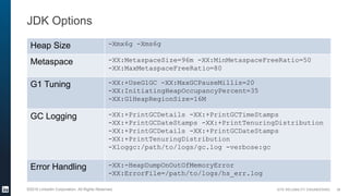 SITE RELIABILITY ENGINEERING©2016 LinkedIn Corporation. All Rights Reserved.
JDK Options
Heap Size -Xmx6g -Xms6g
Metaspace -XX:MetaspaceSize=96m -XX:MinMetaspaceFreeRatio=50
-XX:MaxMetaspaceFreeRatio=80
G1 Tuning -XX:+UseG1GC -XX:MaxGCPauseMillis=20
-XX:InitiatingHeapOccupancyPercent=35
-XX:G1HeapRegionSize=16M
GC Logging -XX:+PrintGCDetails -XX:+PrintGCTimeStamps
-XX:+PrintGCDateStamps -XX:+PrintTenuringDistribution
-XX:+PrintGCDetails -XX:+PrintGCDateStamps
-XX:+PrintTenuringDistribution
-Xloggc:/path/to/logs/gc.log -verbose:gc
Error Handling -XX:-HeapDumpOnOutOfMemoryError
-XX:ErrorFile=/path/to/logs/hs_err.log
38
 