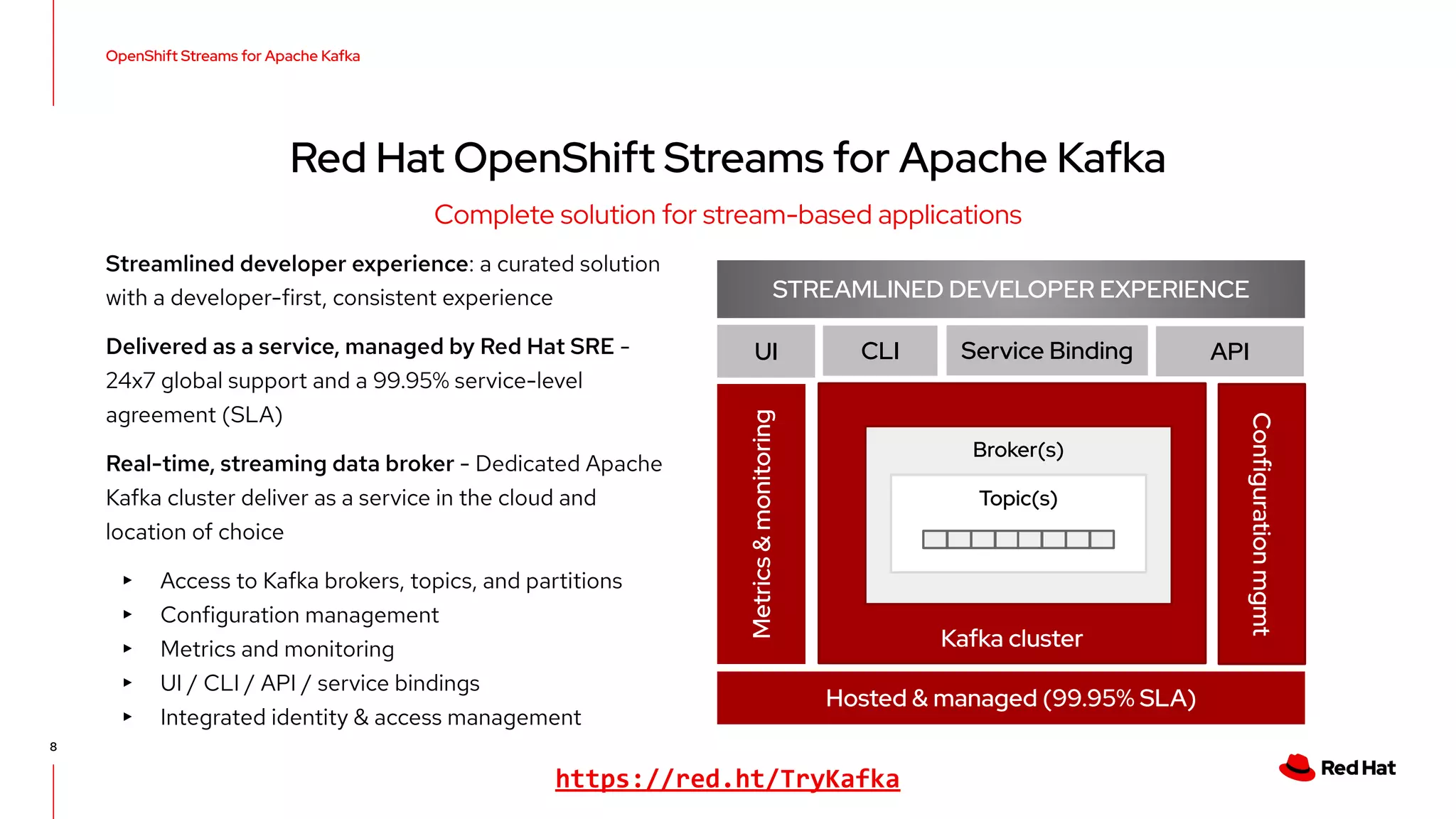 Red Hat OpenShift Streams for Apache Kafka Complete solution for stream-based applications OpenShift Streams for Apache Kafka 8 Metrics & monitoring Configuration mgmt Hosted & managed (99.95% SLA) Kafka cluster Broker(s) Topic(s) Streamlined developer experience: a curated solution with a developer-first, consistent experience Delivered as a service, managed by Red Hat SRE - 24x7 global support and a 99.95% service-level agreement (SLA) Real-time, streaming data broker - Dedicated Apache Kafka cluster deliver as a service in the cloud and location of choice ▸ Access to Kafka brokers, topics, and partitions ▸ Configuration management ▸ Metrics and monitoring ▸ UI / CLI / API / service bindings ▸ Integrated identity & access management STREAMLINED DEVELOPER EXPERIENCE UI API CLI Service Binding https://red.ht/TryKafka 