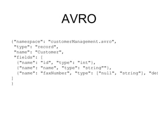 AVRO
{"namespace": "customerManagement.avro",
"type": "record",
"name": "Customer",
"fields": [
{"name": "id", "type": "int"},
{"name": "name", "type": "string""},
{"name": "faxNumber", "type": ["null", "string"], "def
]
}
 