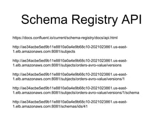 Schema Registry API
https://docs.confluent.io/current/schema-registry/docs/api.html
http://ae34acbe5ed9b11e8810a0a4e9b68c10-2021023861.us-east-
1.elb.amazonaws.com:8081/subjects
http://ae34acbe5ed9b11e8810a0a4e9b68c10-2021023861.us-east-
1.elb.amazonaws.com:8081/subjects/orders-avro-value/versions
http://ae34acbe5ed9b11e8810a0a4e9b68c10-2021023861.us-east-
1.elb.amazonaws.com:8081/subjects/orders-avro-value/versions/1
http://ae34acbe5ed9b11e8810a0a4e9b68c10-2021023861.us-east-
1.elb.amazonaws.com:8081/subjects/orders-avro-value/versions/1/schema
http://ae34acbe5ed9b11e8810a0a4e9b68c10-2021023861.us-east-
1.elb.amazonaws.com:8081/schemas/ids/41
 